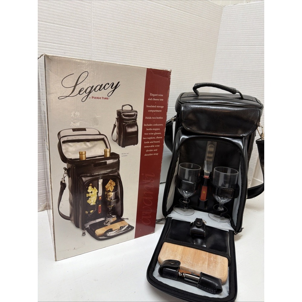 Vintage 2003 Legacy Picnic Time Black Leatherette Wine Tote With Accessories